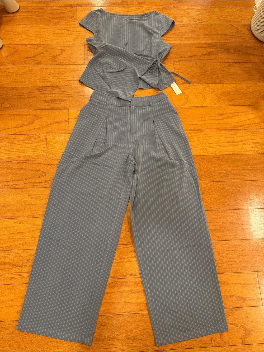 Commense Slate Blue Pinstripe Wide-Leg Trousers